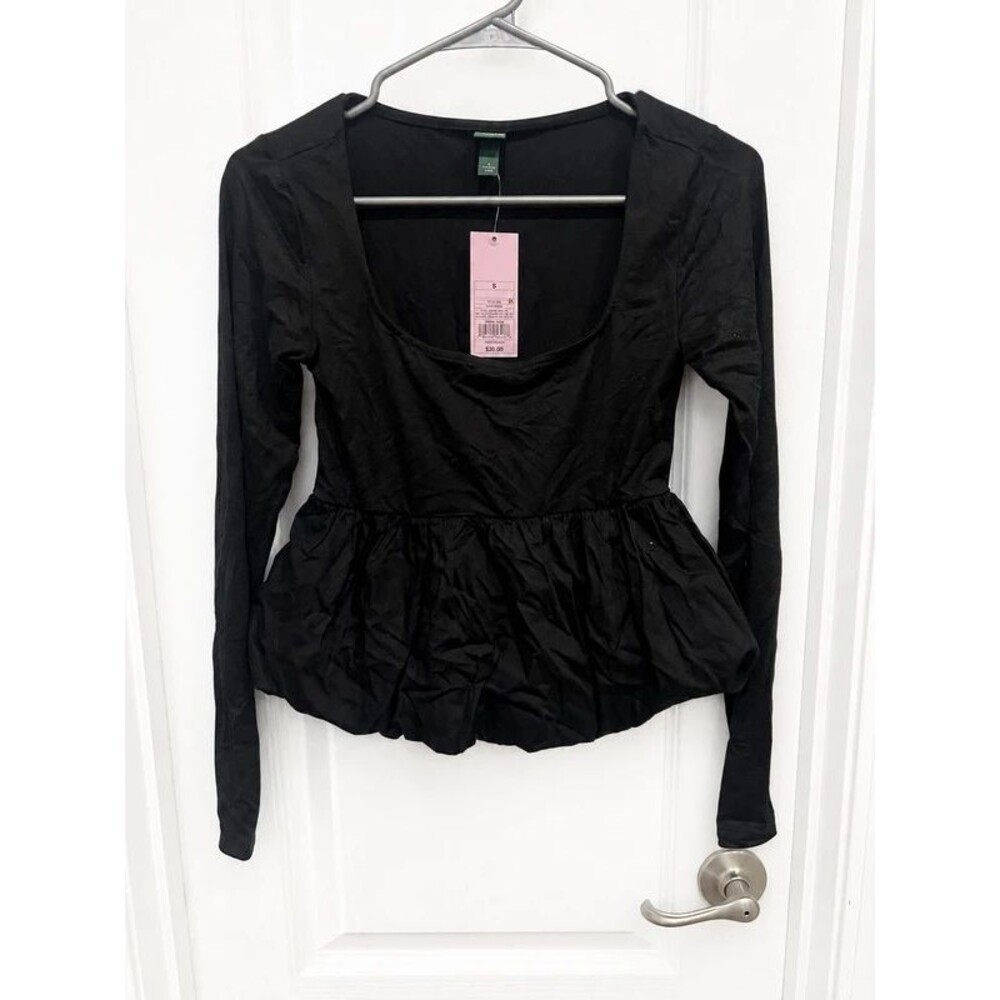 Wild Fable Black Long Sleeve Ruched Peplum Top Size Small NWT